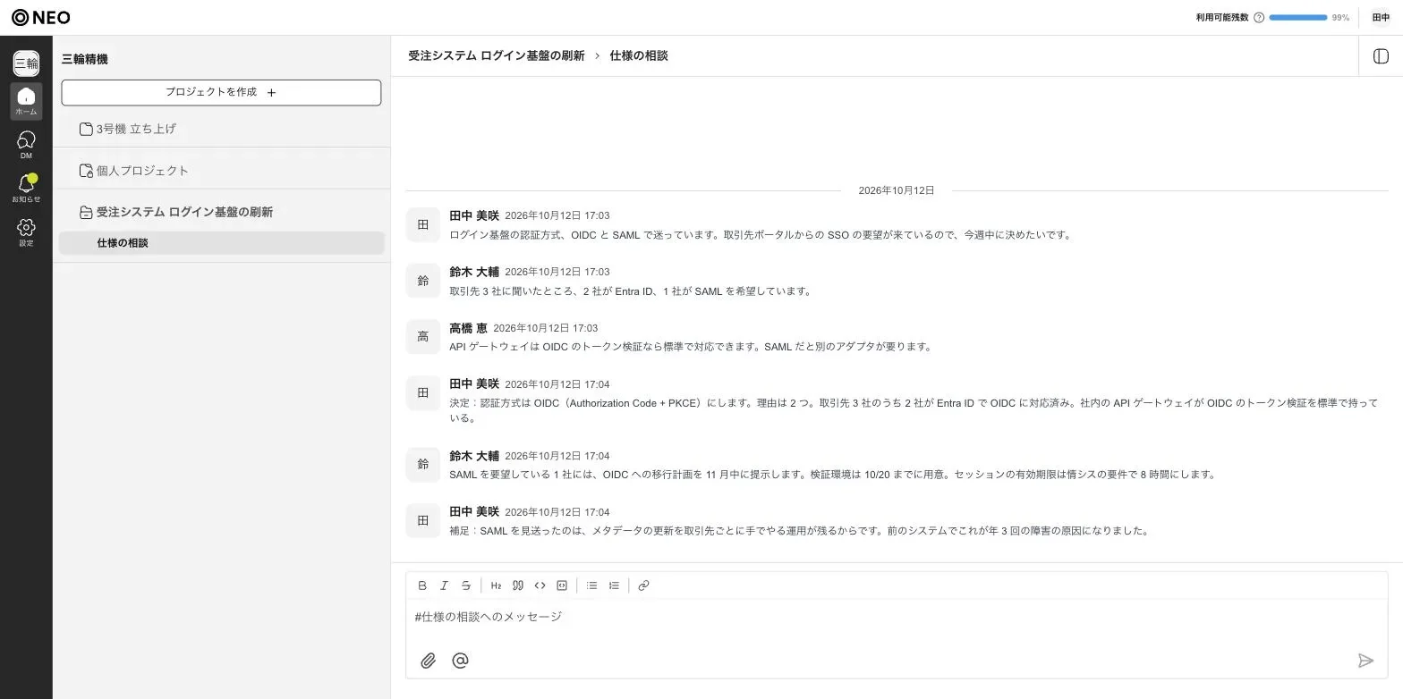 プロジェクト「受注システム ログイン基盤の刷新」のスレッド「仕様の相談」で、田中・鈴木・高橋の 3 人が OIDC と SAML について 6 件やり取りしている NEO の画面