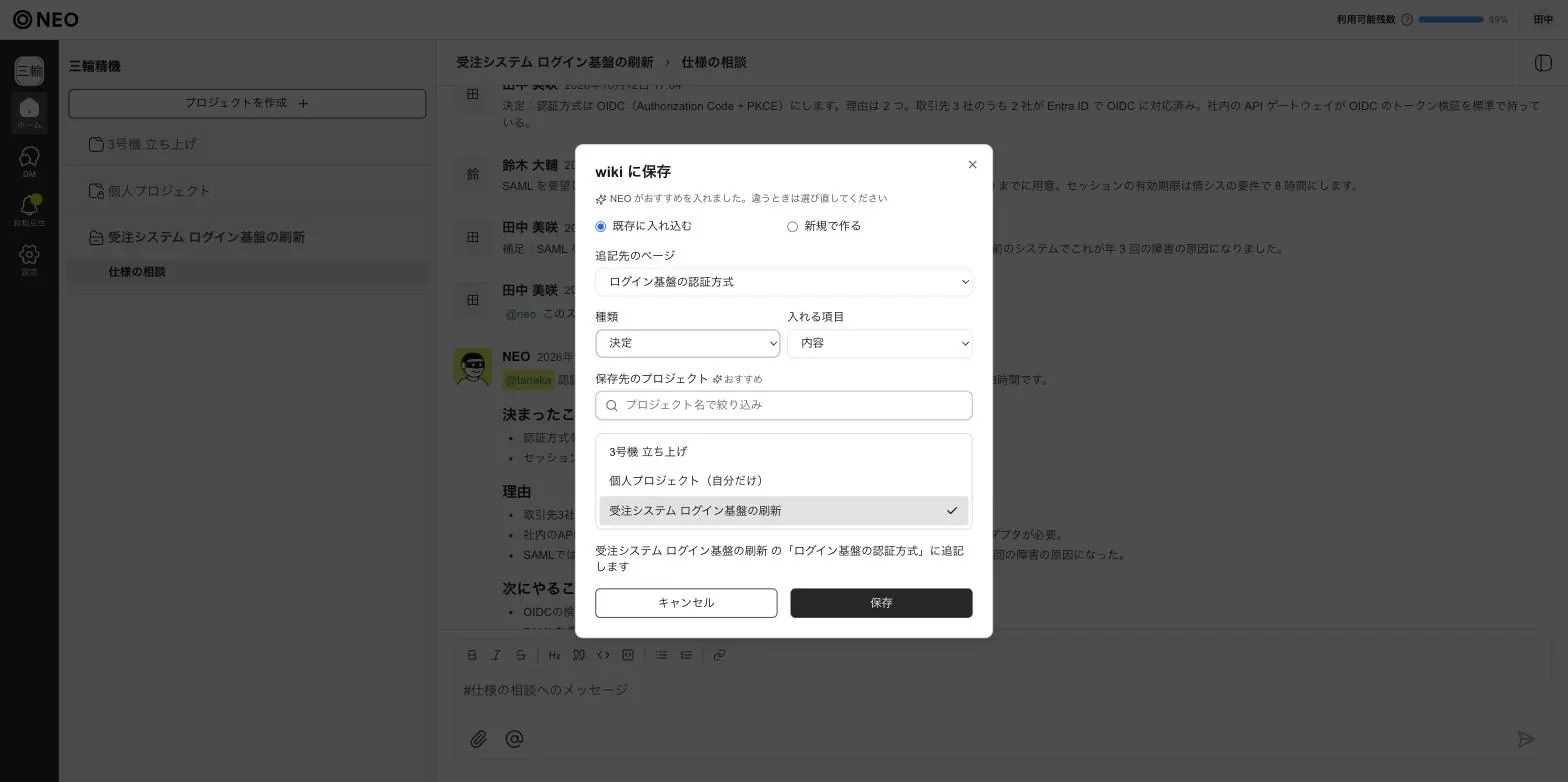 「wiki に保存」のダイアログ。「既存に入れ込む」が選ばれ、追記先のページ「ログイン基盤の認証方式」、種類「決定」、入れる項目「内容」、保存先のプロジェクトが示されている NEO の画面