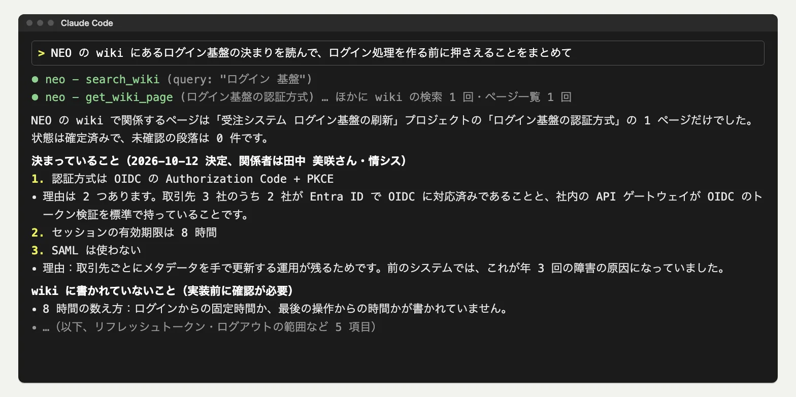 Claude Code に「NEO の wiki にあるログイン基盤の決まりを読んで、ログイン処理を作る前に押さえることをまとめて」と頼むと、wiki を検索して読み、決まっていること 3 つと理由、wiki に書かれていない確認事項を答えている画面