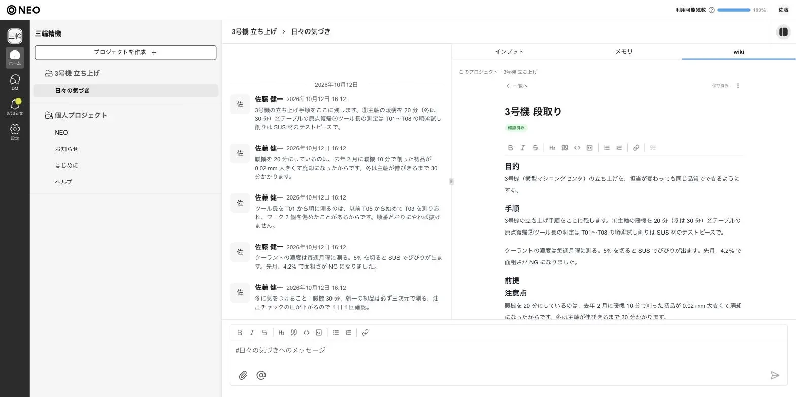 左にスレッド「日々の気づき」の発言、右に NEO がまとめた wiki のページ「3号機 段取り」（目的・手順・注意点）が並んだ NEO の画面